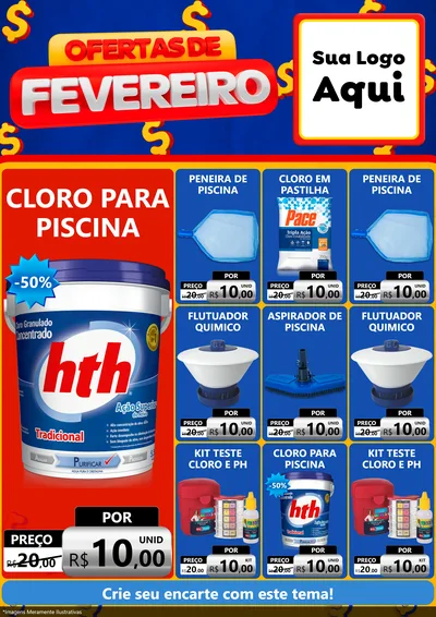 Modelo de Encarte para Encarte A4 Vertical com o tema Ofertas de Fevereiro para Produtos para Piscina