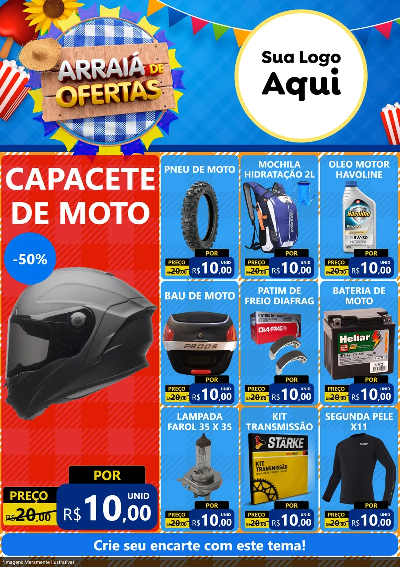 Modelo de Encarte para Encarte A4 Vertical com o tema Arraiá de Ofertas para Moto peças