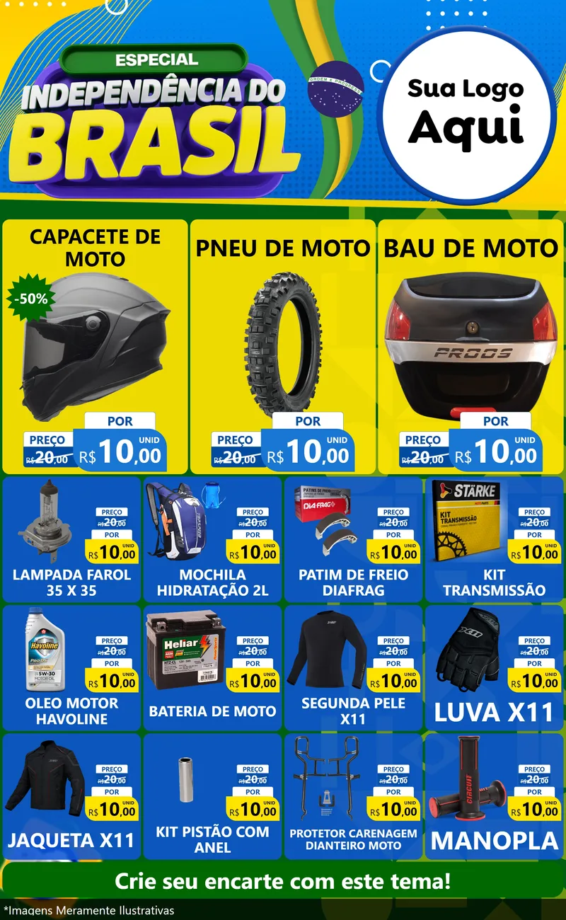 Modelo de Encarte para Encarte Grande com o tema Especial Independência do Brasil para Moto peças