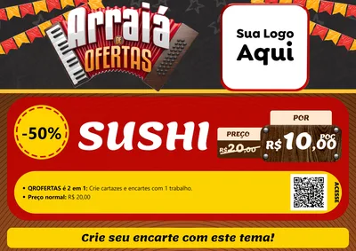 Modelo de Cartaz para Cartaz A4 Horizontal com o tema Arraiá de Ofertas - Junina para Comida japonesa