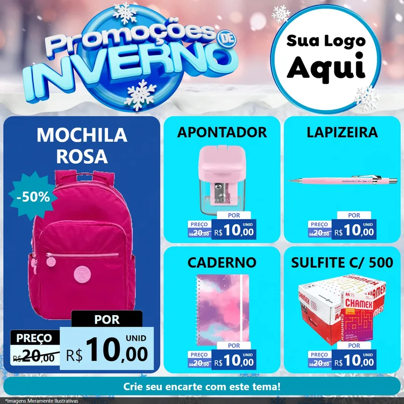 Modelo de Rede Social para Feed Facebook com o tema Promoções de Inverno para Papelaria