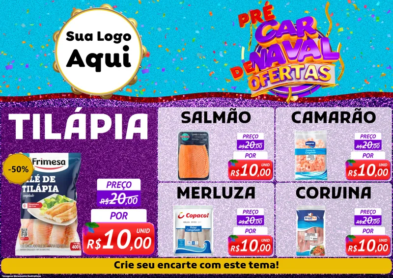 Modelo de Encarte para Encarte A4 Horizontal com o tema Pré Carnaval de Ofertas para Peixaria