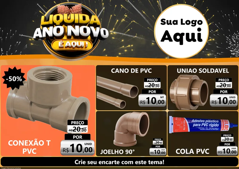 Modelo de Encarte para Encarte A4 Horizontal com o tema Liquida Ano Novo É Aqui! para Tubos e conexões