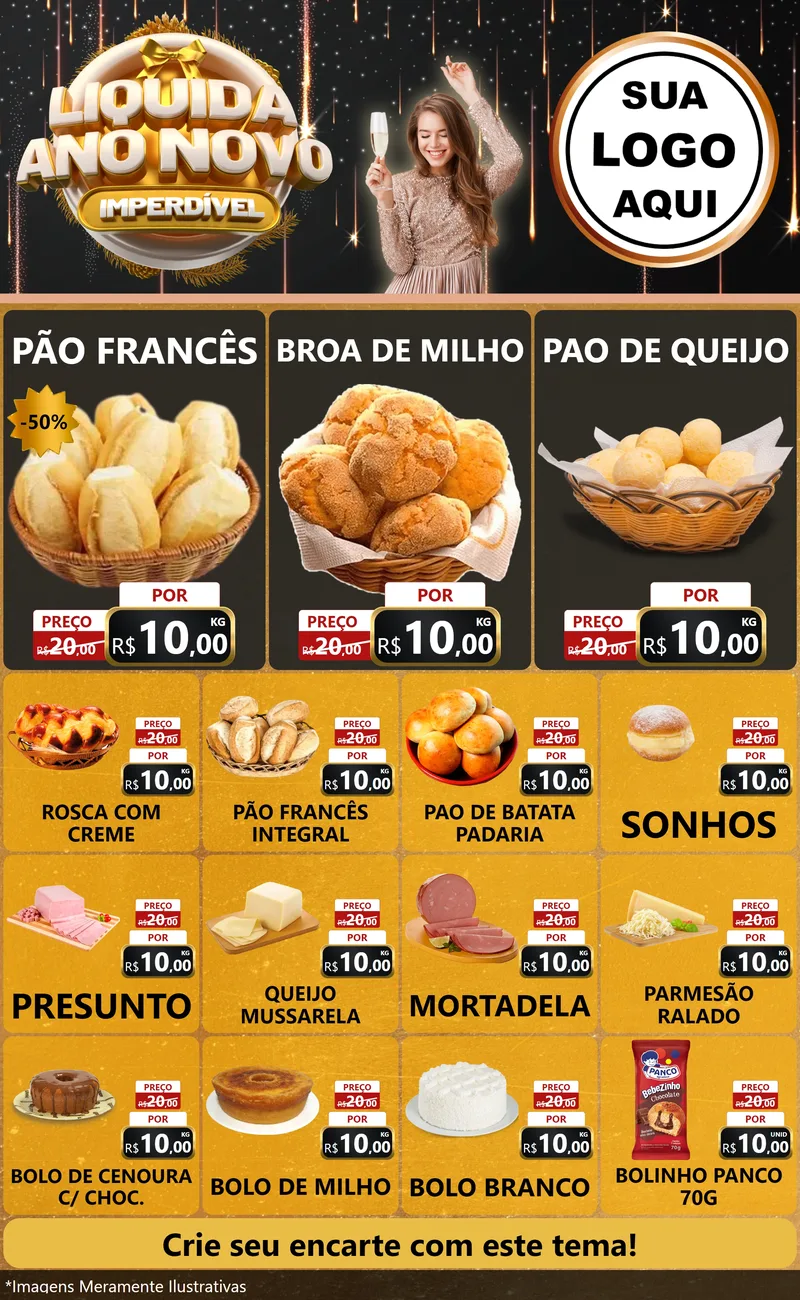 Modelo de Encarte para Encarte Grande com o tema Liquida Ano Novo Imperdível para Padaria