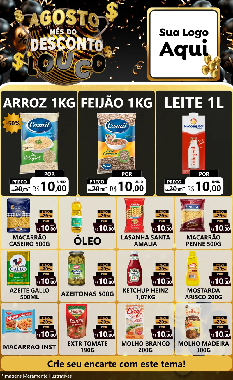 Modelo de Encarte para Encarte Grande com o tema Agosto Mês do Desconto Louco para Supermercado
