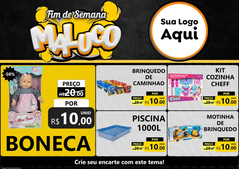 Modelo de Encarte para Encarte A4 Horizontal com o tema Fim de Semana Maluco para Brinquedos