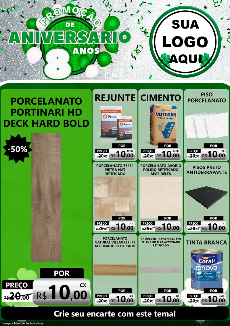 Modelo de Encarte para Encarte A4 Vertical com o tema Promoção de Aniversário - 8 Anos para Pisos e revestimentos