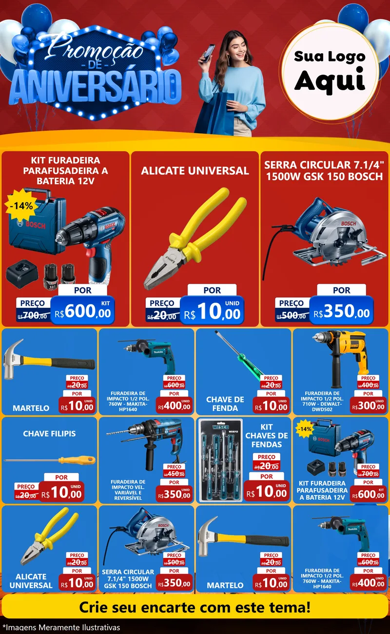 Modelo de Encarte para Encarte Grande com o tema Promoção de Aniversário para Maquinas e Ferramentas