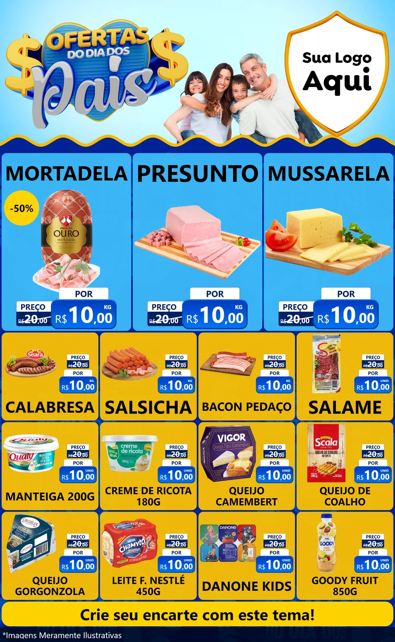 Modelo de Encarte para Encarte Grande com o tema Ofertas do Dia dos Pais para Frios e Laticínios
