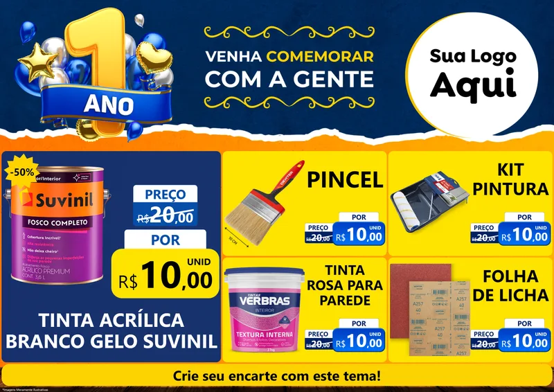 Modelo de Encarte para Encarte A4 Horizontal com o tema Um Ano de Aniversário para Tintas e Ferramentas