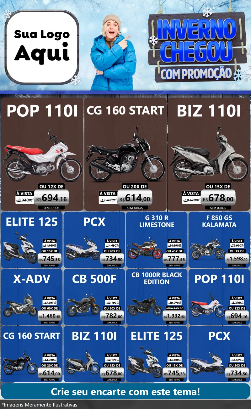 Modelo de Encarte para Encarte Grande com o tema Inverno Chegou Com Promoção para Concessionaria de Motos