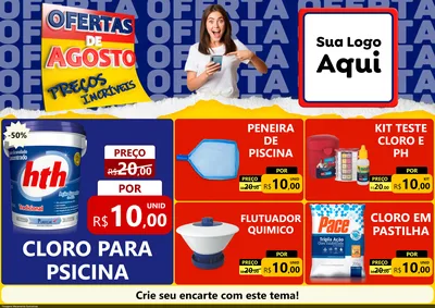 Modelo de Encarte para Encarte A4 Horizontal com o tema Ofertas de Agosto - Preços Incríveis para Produtos para Piscina