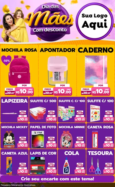 Modelo de Encarte para Encarte Grande com o tema Dia das Mães com Desconto para Papelaria