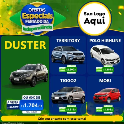 Modelo de Rede Social para Feed Facebook com o tema Ofertas Especiais Feriado da Independência para Concessionaria de Carros