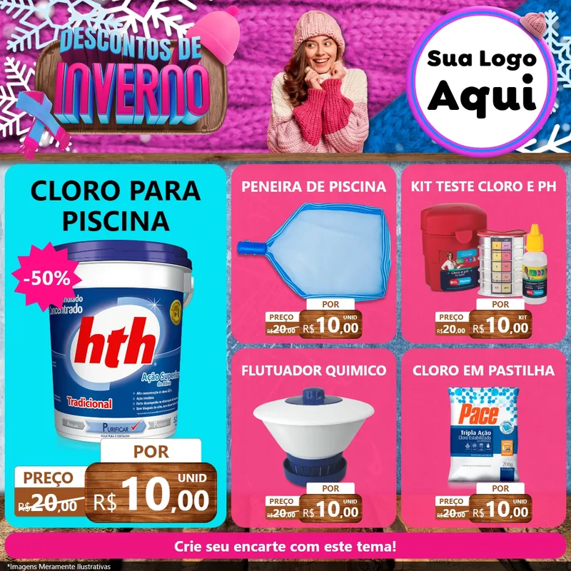 Modelo de Rede Social para Feed Facebook com o tema Descontos de Inverno para Produtos para Piscina