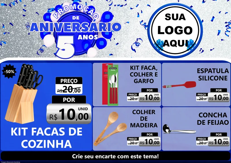 Modelo de Encarte para Encarte A4 Horizontal com o tema Promoção de Aniversário - 5 Anos para Utilidades Domésticas