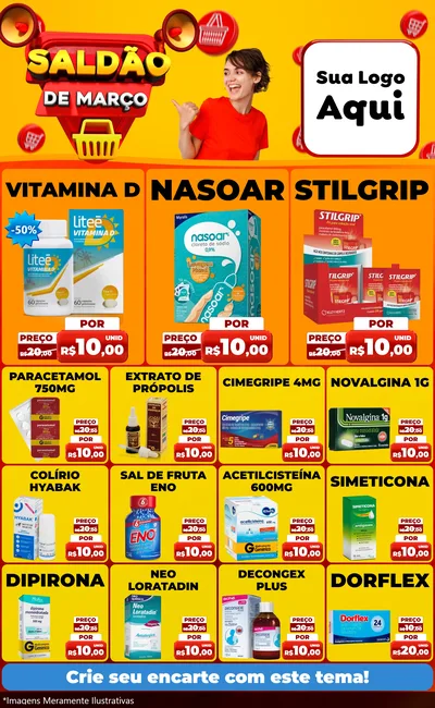 Modelo de Encarte para Encarte Grande com o tema Saldão de Março para Farmácia