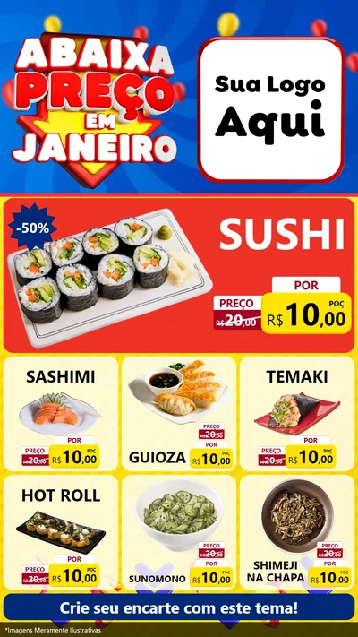 Modelo de Rede Social para Stories com o tema Abaixa Preço em Janeiro para Comida japonesa