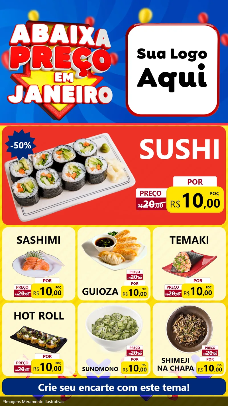 Modelo de Rede Social para Stories com o tema Abaixa Preço em Janeiro para Comida japonesa
