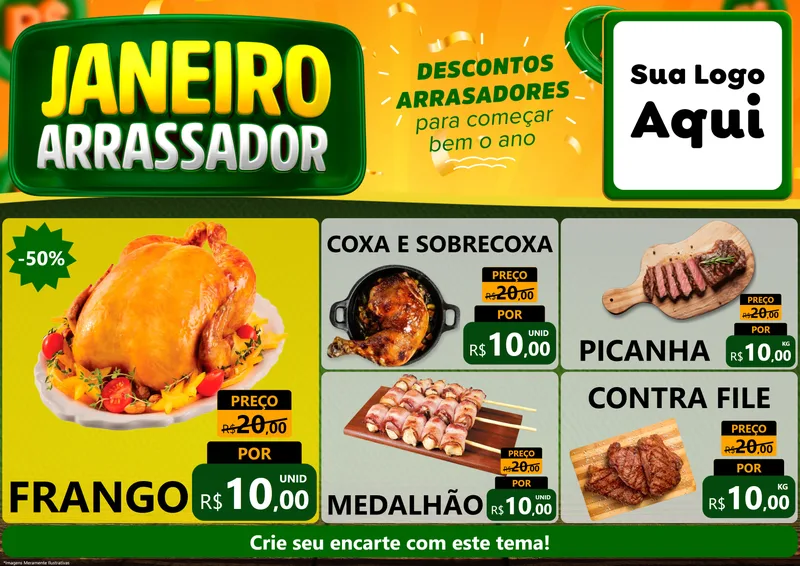 Modelo de Encarte para Encarte A4 Horizontal com o tema Janeiro Arrasador para Assados