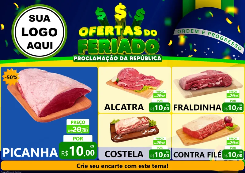 Modelo de Encarte para Encarte A4 Horizontal com o tema Ofertas do Feriado - Proclamação da República para Açougue