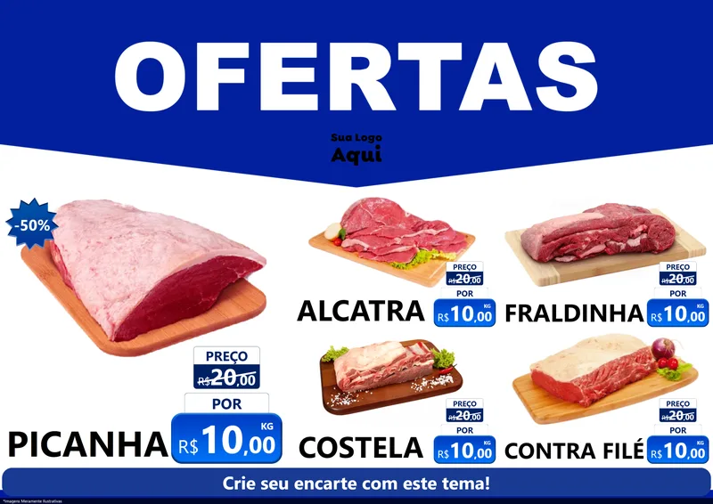 Modelo de Encarte para Encarte A4 Horizontal com o tema Ofertas Azul Cartaz para Açougue
