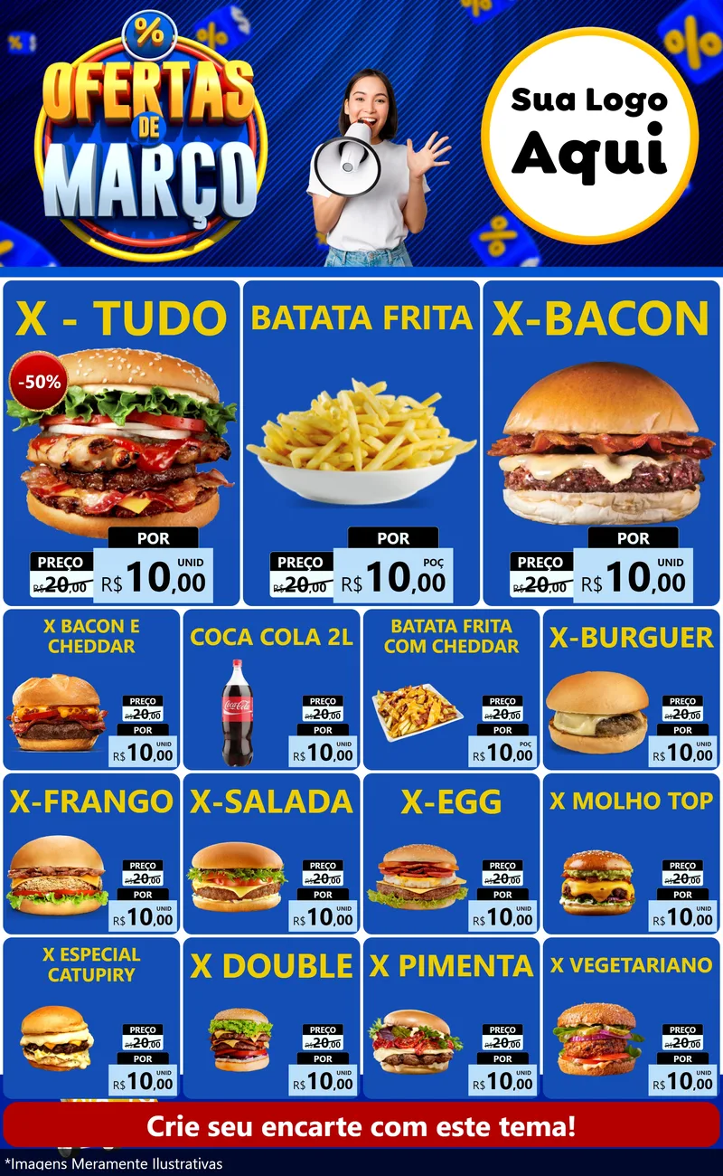 Modelo de Encarte para Encarte Grande com o tema Ofertas de Março para Hamburgueria