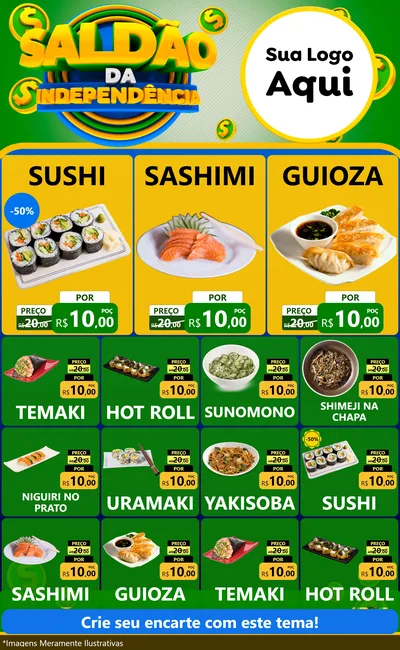 Modelo de Encarte para Encarte Grande com o tema Saldão da Indepêndencia para Comida japonesa
