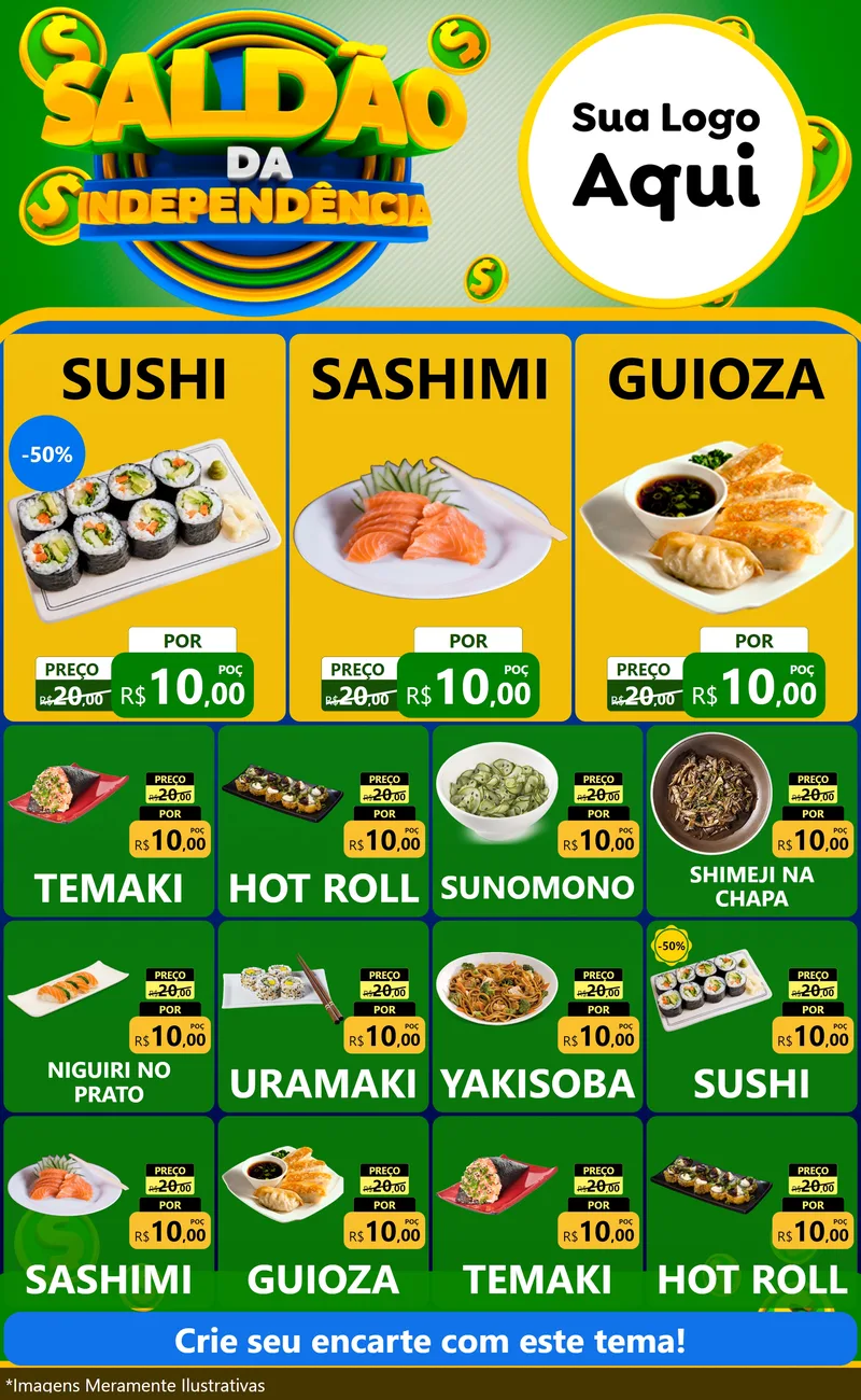 Modelo de Encarte para Encarte Grande com o tema Saldão da Indepêndencia para Comida japonesa
