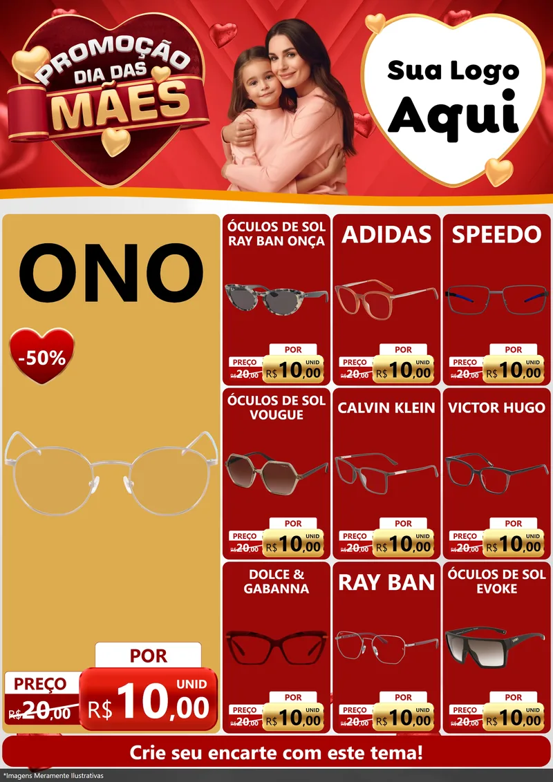 Modelo de Encarte para Encarte A4 Vertical com o tema Promoção Dia das Mães para Óticas