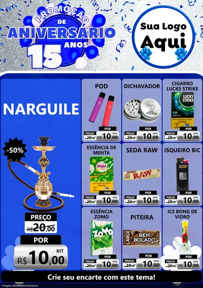 Modelo de Encarte para Encarte A4 Vertical com o tema Promoção de Aniversário - 15 Anos para Tabacaria