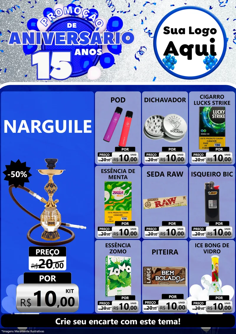 Modelo de Encarte para Encarte A4 Vertical com o tema Promoção de Aniversário - 15 Anos para Tabacaria