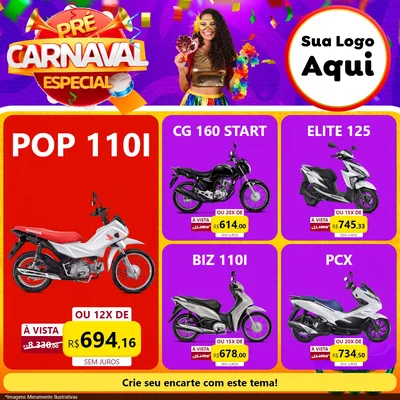 Modelo de Rede Social para Feed Facebook com o tema Pré-Carnaval Especial para Concessionaria de Motos