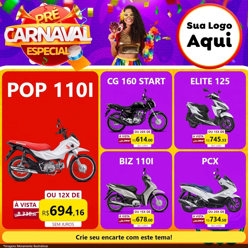 Modelo de Rede Social para Feed Facebook com o tema Pré-Carnaval Especial para Concessionaria de Motos