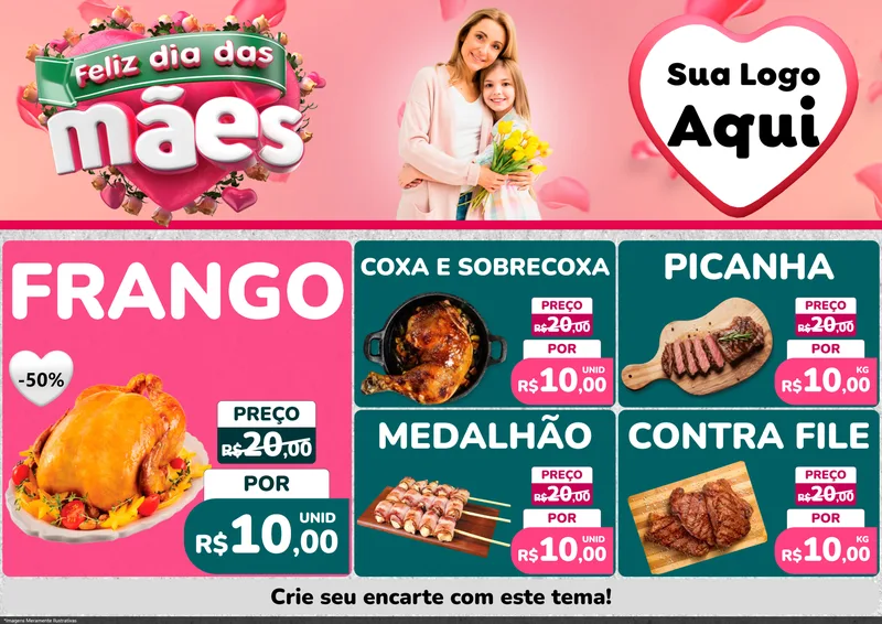Modelo de Encarte para Encarte A4 Horizontal com o tema Feliz Dia das Mães para Assados
