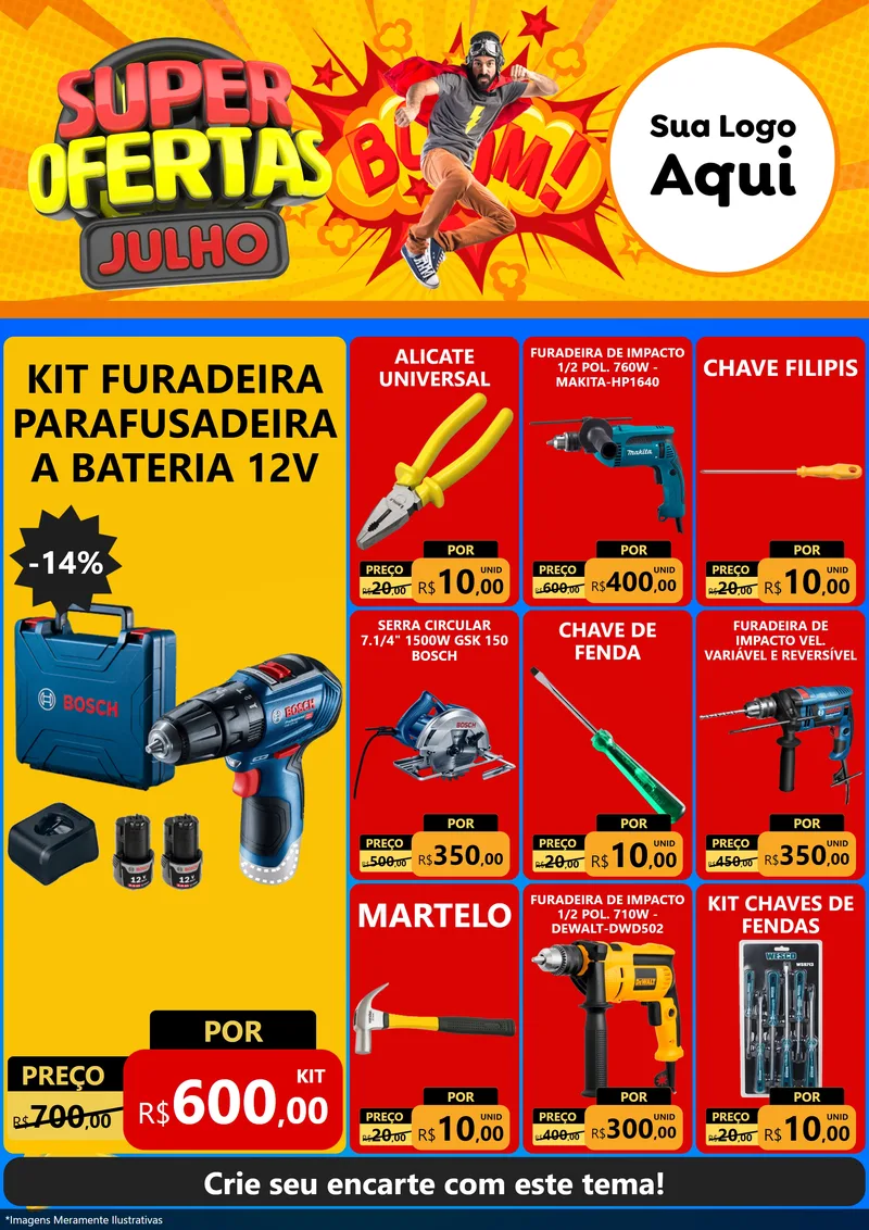 Modelo de Encarte para Encarte A4 Vertical com o tema Super Ofertas Julho para Maquinas e Ferramentas