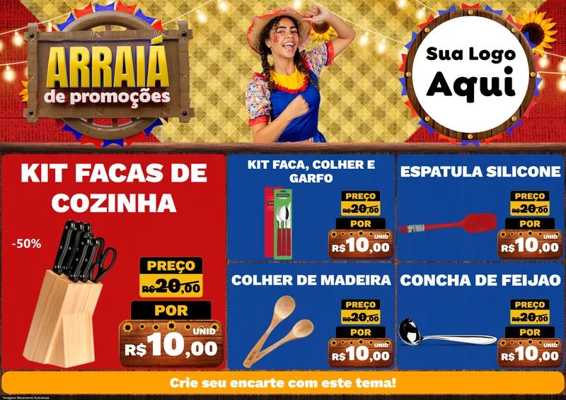 Modelo de Encarte para Encarte A4 Horizontal com o tema Arraiá de Promoções para Utilidades Domésticas