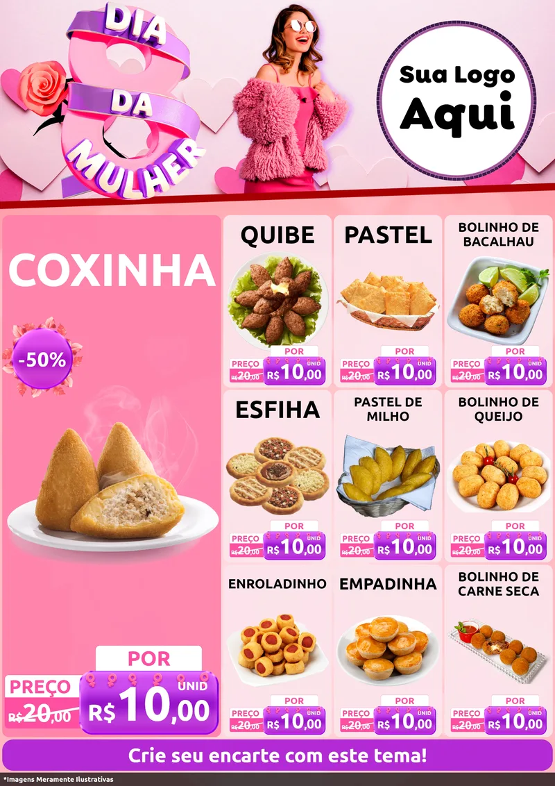 Modelo de Encarte para Encarte A4 Vertical com o tema Dia da Mulher para Salgadaria