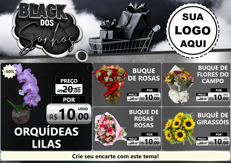 Modelo de Encarte para Encarte A4 Horizontal com o tema Black dos Sonhos para Floricultura e jardim