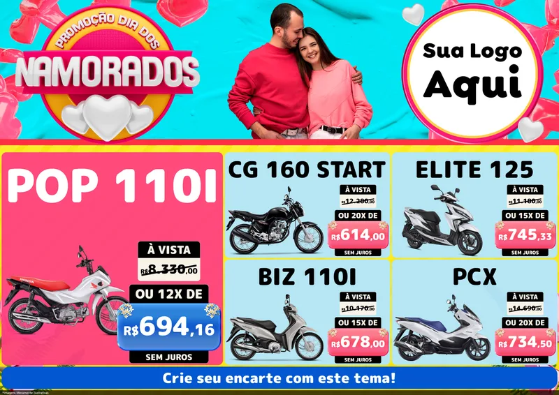 Modelo de Encarte para Encarte A4 Horizontal com o tema Promoção Dia dos Namorados para Concessionaria de Motos