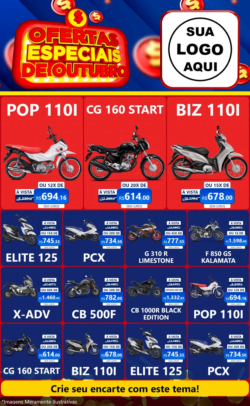 Modelo de Encarte para Encarte Grande com o tema Ofertas Especiais de Outubro para Concessionaria de Motos