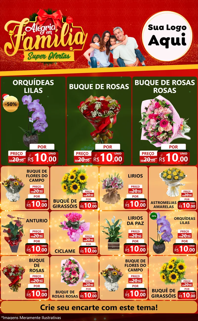 Modelo de Encarte para Encarte Grande com o tema Alegria em Família Super Ofertas - Natal para Floricultura e jardim