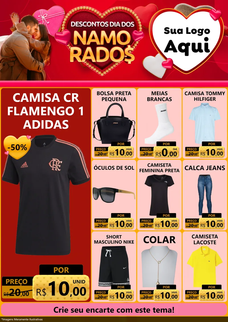 Modelo de Encarte para Encarte A4 Vertical com o tema Descontos Dia dos Namorados para Roupas e acessórios