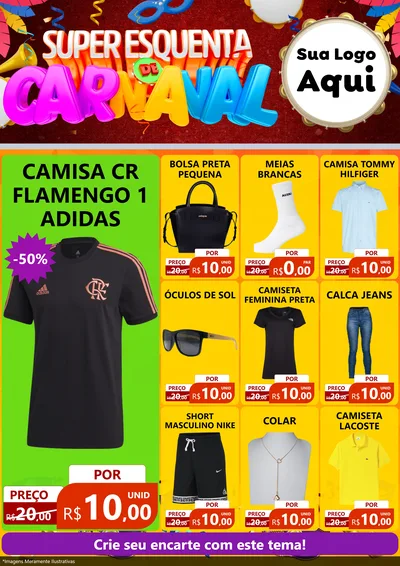 Modelo de Encarte para Encarte A4 Vertical com o tema Super Esquenta de Carnaval para Roupas e acessórios