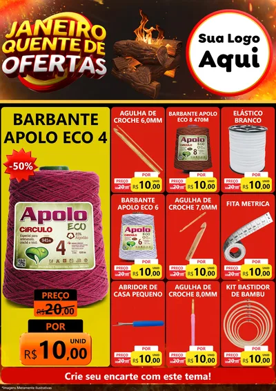 Modelo de Encarte para Encarte A4 Vertical com o tema Janeiro Quente de Ofertas para Armarinho e Aviamentos