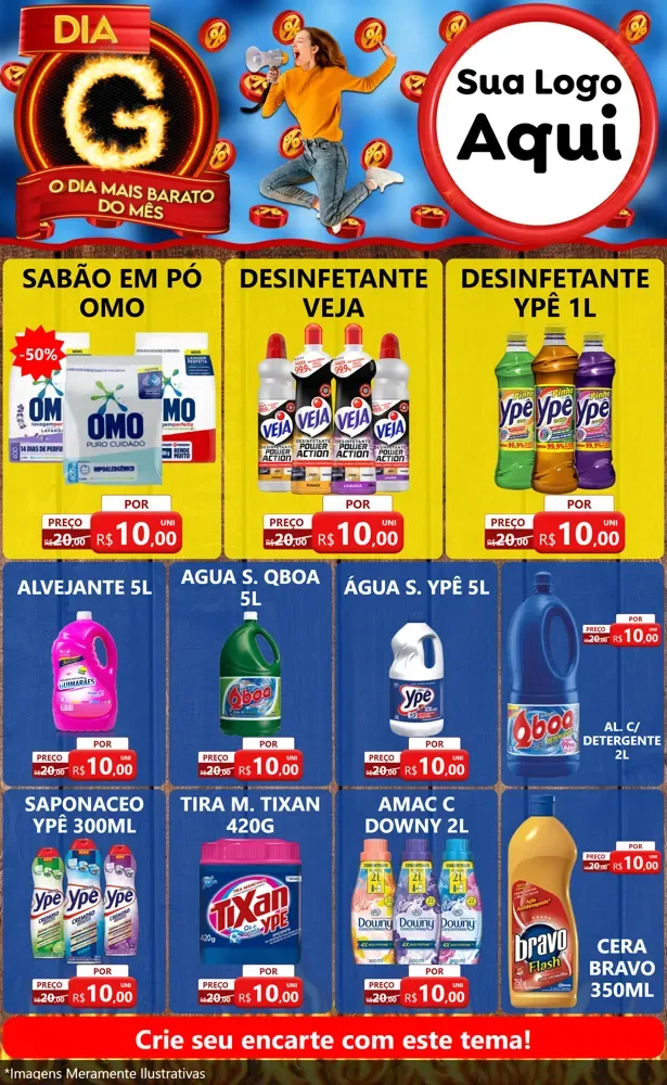 Modelo de Encarte para Encarte Grande com o tema Dia G - O Dia Mais Barato Do Mês para Produtos de Limpeza