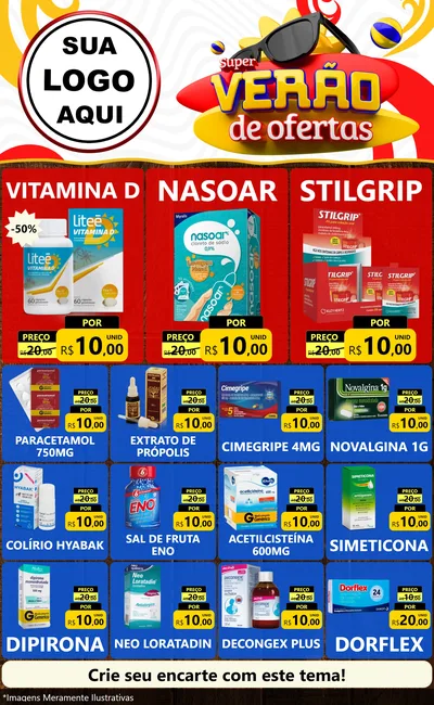 Modelo de Encarte para Encarte Grande com o tema Super Verão de Ofertas para Farmácia