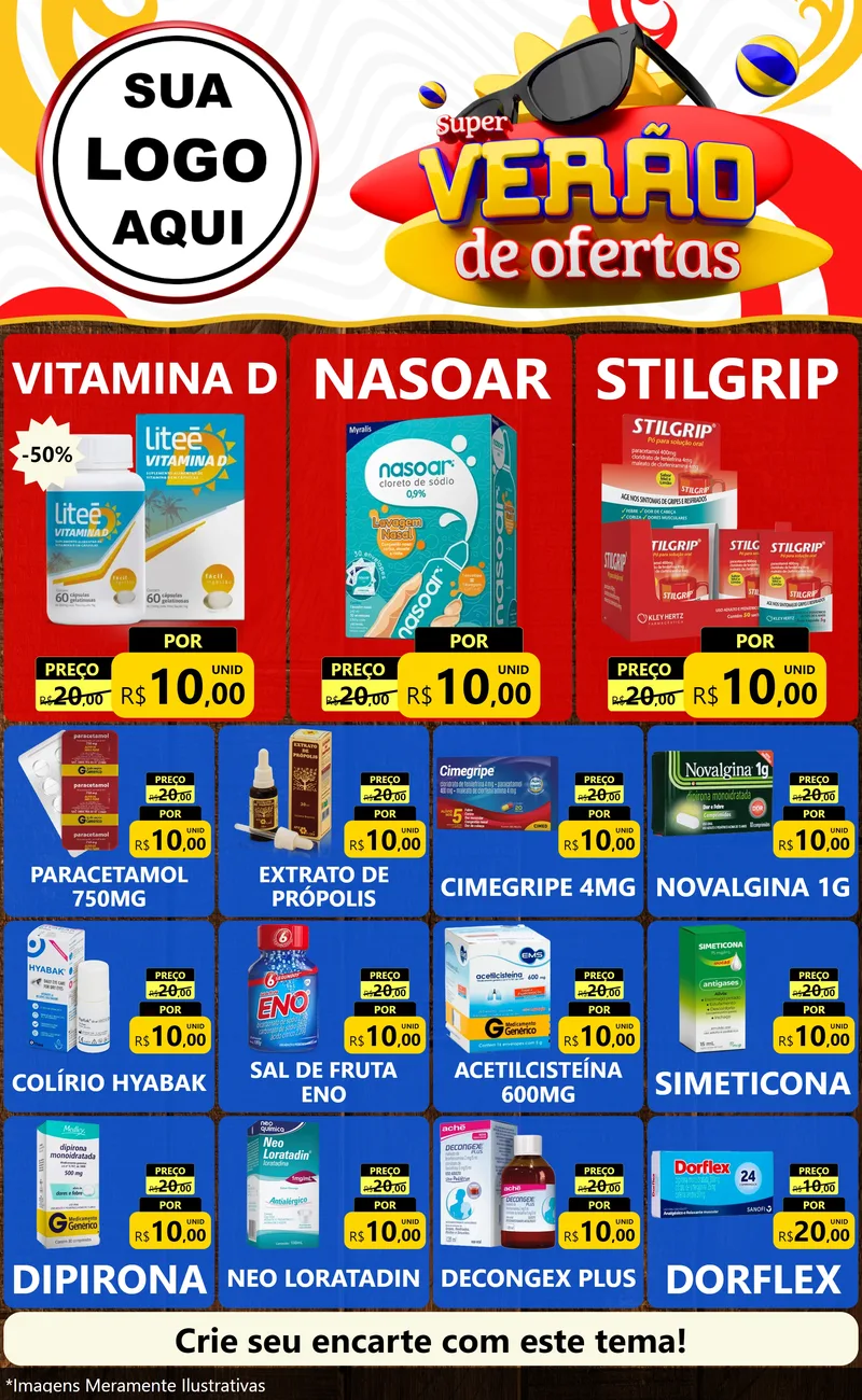 Modelo de Encarte para Encarte Grande com o tema Super Verão de Ofertas para Farmácia