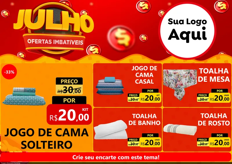 Modelo de Encarte para Encarte A4 Horizontal com o tema Julho Ofertas Imbatíveis para Cama, Mesa e Banho