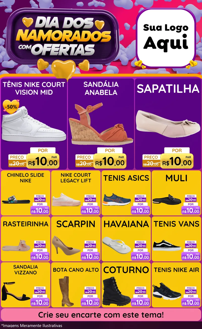 Modelo de Encarte para Encarte Grande com o tema Dia Dos Namorados Com Ofertas para Calçados